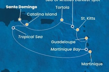 Dominikánska republika, Martinik, Guadeloupe, Svätý Krištof a Nevis, Britské Panenské ostrovy zo Santa Dominga na lodi Costa Fascinosa