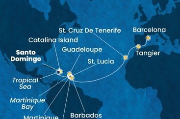 Dominikánska republika, Martinik, Guadeloupe, Svätá Lucia, , Barbados, Španielsko, Maroko zo Santa Dominga na lodi Costa Fascinosa