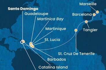 Dominikánska republika, , Martinik, Francúzsko, Guadeloupe, Svätá Lucia, Barbados, Španielsko, Maroko zo Santa Dominga na lodi Costa Fascinosa