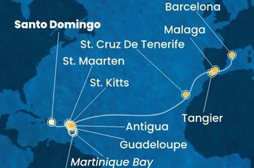 Dominikánska republika, Svatý Martin, Martinik, Guadeloupe, Svätý Krištof a Nevis, Antigua a Barbuda, Španielsko, Maroko zo Santa Dominga na lodi Costa Favolosa