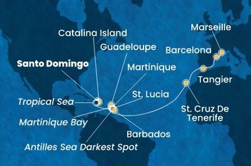 Dominikánska republika, Martinik, Guadeloupe, Svätá Lucia, , Barbados, Španielsko, Maroko, Francúzsko zo Santa Dominga na lodi Costa Fascinosa