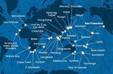USA, Samoa, Fiji, Tonga, Nový Zéland, Austrália, Papua Nová Guinea, Japonsko, Južná Kórea, Tchaj-wan, Čína, Vietnam, Singapur, Malajzia, Thajsko, Srí Lanka, Maledivy, Maurícius, Juhoafrická republika, Namíbia, Kapverdy, Španielsko zo San Francisca na lodi Costa Deliziosa