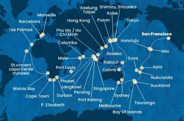 USA, Samoa, Fiji, Tonga, Nový Zéland, Austrália, Papua Nová Guinea, Japonsko, Južná Kórea, Tchaj-wan, Čína, Vietnam, Singapur, Malajzia, Thajsko, Srí Lanka, Maledivy, Maurícius, Juhoafrická republika, Namíbia, Kapverdy, Španielsko, Francúzsko zo San Francisca na lodi Costa Deliziosa