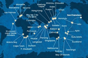USA, Samoa, Fiji, Tonga, Nový Zéland, Austrália, Papua Nová Guinea, Japonsko, Južná Kórea, Tchaj-wan, Čína, Vietnam, Singapur, Malajzia, Thajsko, Srí Lanka, Maledivy, Maurícius, Juhoafrická republika, Namíbia, Kapverdy, Španielsko, Francúzsko, Taliansko zo San Francisca na lodi Costa Deliziosa