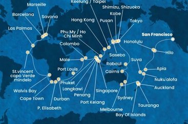 USA, Samoa, Fiji, Tonga, Nový Zéland, Austrália, Papua Nová Guinea, Japonsko, Južná Kórea, Tchaj-wan, Čína, Vietnam, Singapur, Malajzia, Thajsko, Srí Lanka, Maledivy, Maurícius, Juhoafrická republika, Namíbia, Kapverdy, Španielsko, Francúzsko, Taliansko zo San Francisca na lodi Costa Deliziosa