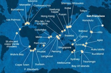 USA, Samoa, Fiji, Tonga, Nový Zéland, Austrália, Papua Nová Guinea, Japonsko, Južná Kórea, Tchaj-wan, Čína, Vietnam, Singapur, Malajzia, Thajsko, Srí Lanka, Maledivy, Maurícius, Juhoafrická republika, Namíbia, Kapverdy, Španielsko, Francúzsko, Taliansko zo San Francisca na lodi Costa Deliziosa