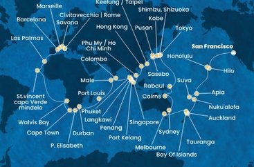 USA, Samoa, Fiji, Tonga, Nový Zéland, Austrália, Papua Nová Guinea, Japonsko, Južná Kórea, Tchaj-wan, Čína, Vietnam, Singapur, Malajzia, Thajsko, Srí Lanka, Maledivy, Maurícius, Juhoafrická republika, Namíbia, Kapverdy, Španielsko, Francúzsko, Taliansko zo San Francisca na lodi Costa Deliziosa