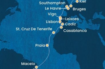 Brazília, Kapverdy, Španielsko, Maroko, Portugalsko, Francúzsko, Veľká Británia, Belgicko, Nemecko zo Salvadoru na lodi Costa Diadema