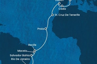 Brazília, Kapverdy, Španielsko, Portugalsko, Francúzsko zo Santosu na lodi Costa Pacifica