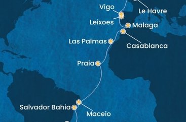 Brazília, Kapverdy, Španielsko, Maroko, Portugalsko, Francie, Veľká Británia zo Santosu na lodi Costa Diadema