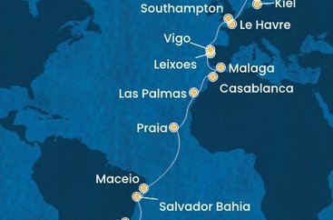 Brazília, Kapverdy, Španielsko, Maroko, Portugalsko, Francie, Veľká Británia, Dánsko, Nemecko zo Santosu na lodi Costa Diadema