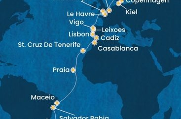 Brazília, Kapverdy, Španielsko, Maroko, Portugalsko, Francúzsko, Veľká Británia, Belgicko, Nemecko, Dánsko zo Santosu na lodi Costa Diadema