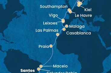 Brazília, Kapverdy, Španielsko, Maroko, Portugalsko, Francie, Veľká Británia, Dánsko, Nemecko zo Santosu na lodi Costa Diadema