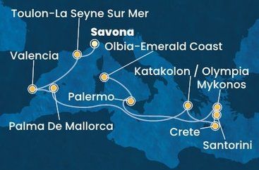 Taliansko, Francúzsko, Španielsko, Malorka, Grécko, Kréta, Sicília, Sardínia ze Savony na lodi Costa Pacifica