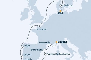 Taliansko, Francúzsko, Španielsko, Portugalsko, Nórsko, Dánsko, Nemecko zo Savony na lodi Costa Fascinosa