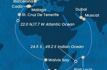 Taliansko, Francúzsko, Španielsko, Namíbia, Juhoafrická republika, Maurícius, Omán, Spojené arabské emiráty ze Savony na lodi Costa Smeralda