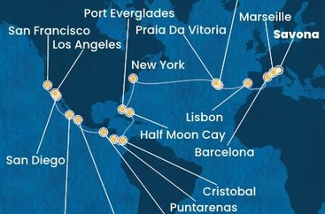 Taliansko, Francúzsko, Španielsko, Portugalsko, z Praia da Vitória, USA, Bahamy, Panama, Kostarika, Guatemala, Mexiko ze Savony na lodi Costa Deliziosa
