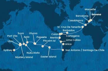 Taliansko, Francúzsko, Španielsko, Maroko, Barbados, Kolumbia, Panama, Ekvádor, Peru, Chile, Zámořské území Velké Británie, Francouzská Polynésie, Samoa, Tonga, Fiji, Vanuatská republika, Nová Kaledonie, Austrália ze Savony na lodi Costa Deliziosa
