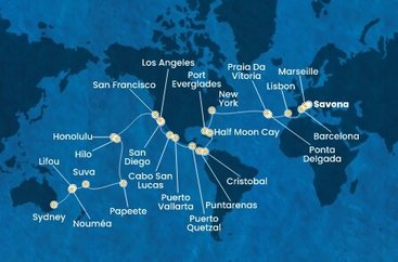 Taliansko, Francúzsko, Španielsko, Portugalsko, z Praia da Vitória, USA, Bahamy, Panama, Kostarika, Guatemala, Mexiko, Francouzská Polynésie, Fiji, Nová Kaledonie, Austrália ze Savony na lodi Costa Deliziosa