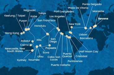 Taliansko, Francúzsko, Španielsko, Portugalsko, z Praia da Vitória, USA, Bahamy, Panama, Kostarika, Guatemala, Mexiko, Francouzská Polynésie, Fiji, Nová Kaledonie, Austrália, Papua Nová Guinea, Japonsko, Južná Kórea, Tchaj-wan, Čína ze Savony na lodi Costa Deliziosa
