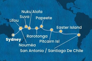 Austrália, Nová Kaledonie, Fiji, Tonga, Cookovy ostrovy, Francouzská Polynésie, Zámořské území Velké Británie, Chile ze Sydney na lodi Costa Serena