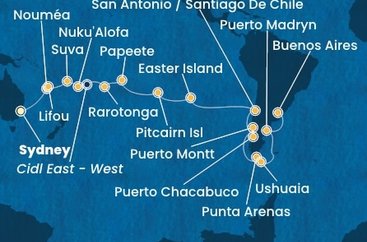 Austrália, Nová Kaledonie, Fiji, Tonga, , Cookovy ostrovy, Francouzská Polynésie, Zámořské území Velké Británie, Chile, Argentína ze Sydney na lodi Costa Serena