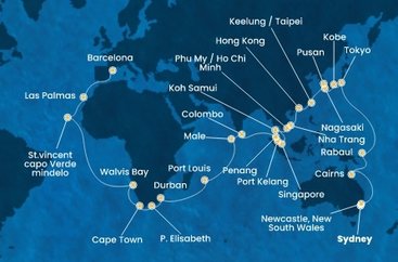 Austrália, Papua Nová Guinea, Japonsko, Južná Kórea, Tchaj-wan, Čína, Vietnam, Thajsko, Singapur, Malajzia, Srí Lanka, Maledivy, Maurícius, Juhoafrická republika, Namíbia, Kapverdy, Španielsko ze Sydney na lodi Costa Deliziosa