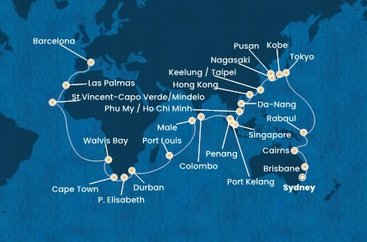 Austrália, Papua Nová Guinea, Japonsko, Južná Kórea, Tchaj-wan, Čína, Vietnam, Singapur, Malajzia, Srí Lanka, Maledivy, Maurícius, Juhoafrická republika, Namíbia, Kapverdy, Španielsko ze Sydney na lodi Costa Deliziosa