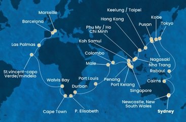 Austrália, Papua Nová Guinea, Japonsko, Južná Kórea, Tchaj-wan, Čína, Vietnam, Thajsko, Singapur, Malajzia, Srí Lanka, Maledivy, Maurícius, Juhoafrická republika, Namíbia, Kapverdy, Španielsko, Francúzsko ze Sydney na lodi Costa Deliziosa