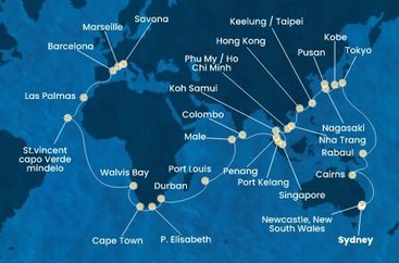 Austrália, Papua Nová Guinea, Japonsko, Južná Kórea, Tchaj-wan, Čína, Vietnam, Thajsko, Singapur, Malajzia, Srí Lanka, Maledivy, Maurícius, Juhoafrická republika, Namíbia, Kapverdy, Španielsko, Francúzsko, Taliansko ze Sydney na lodi Costa Deliziosa