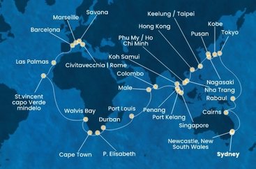 Austrália, Papua Nová Guinea, Japonsko, Južná Kórea, Tchaj-wan, Čína, Vietnam, Thajsko, Singapur, Malajzia, Srí Lanka, Maledivy, Maurícius, Juhoafrická republika, Namíbia, Kapverdy, Španielsko, Francúzsko, Taliansko ze Sydney na lodi Costa Deliziosa