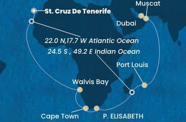 Španielsko, Namíbia, Juhoafrická republika, Maurícius, Omán, Spojené arabské emiráty z Tenerife na lodi Costa Smeralda
