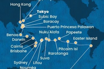 Japonsko, Tchaj-wan, Čína, Filipíny, Indonézia, Austrália, Nová Kaledonie, Fiji, Tonga, Cookovy ostrovy, Francouzská Polynésie, Zámořské území Velké Británie, Chile z Tokia na lodi Costa Serena