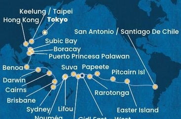 Japonsko, Tchaj-wan, Čína, Filipíny, Indonézia, Austrália, Nová Kaledonie, Fiji, Tonga, , Cookovy ostrovy, Francouzská Polynésie, Zámořské území Velké Británie, Chile z Tokia na lodi Costa Serena