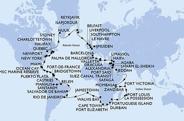 Španielsko, Taliansko, Malta, Cyprus, Izrael, z Port Saidu, Egypt, Jordánsko, Saúdská Arábie, Keňa, Tanzánie, Seychely, Maurícius, Reunion, Mozambik, Juhoafrická republika, Namíbia, Zámořské území Velké Británie, Brazília, Svätá Lucia, Barbados, Martinik, Dominikánska republika, Bahamy, USA, USA - Východné pobrežie, Kanada, Autonomní oblast Dánska, Island, Veľká Británia, Francúzsko, Holandsko z Barcelony na lodi MSC Poesia