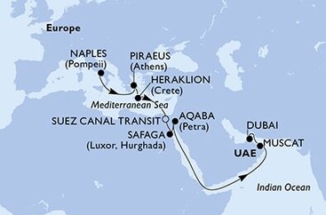 Taliansko, Grécko, Egypt, Jordánsko, Omán, Spojené arabské emiráty z Neapolu na lodi MSC Virtuosa