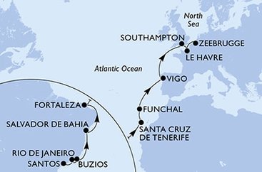 Brazília, Španielsko, Portugalsko, Veľká Británia, Francúzsko, Belgicko zo Santosu na lodi MSC Preziosa