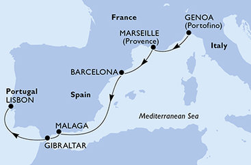 Taliansko, Francúzsko, Španielsko, Gibraltár, Portugalsko z Janova na lodi MSC Musica