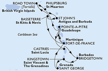 Martinik, Guadeloupe, Britské Panenské ostrovy, Svatý Martin, Antigua a Barbuda, Svätý Krištof a Nevis, Svätá Lucia, Barbados, Svätý Vincent a Grenadiny, Grenada z Fort de France, Martinik na lodi MSC Virtuosa