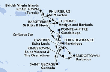 Martinik, Guadeloupe, Svätý Vincent a Grenadiny, Barbados, Svätá Lucia, Grenada, Britské Panenské ostrovy, Svatý Martin, Antigua a Barbuda, Svätý Krištof a Nevis z Fort de France, Martinik na lodi MSC Virtuosa