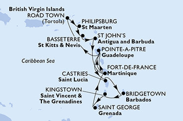 Martinik, Guadeloupe, Svätá Lucia, Barbados, Svätý Vincent a Grenadiny, Grenada, Britské Panenské ostrovy, Svatý Martin, Svätý Krištof a Nevis, Antigua a Barbuda z Fort de France, Martinik na lodi MSC Virtuosa