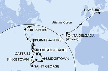 Martinik, Guadeloupe, Svätá Lucia, Barbados, Svätý Vincent a Grenadiny, Grenada, Svatý Martin, Portugalsko, Nemecko z Fort de France na lodi MSC Virtuosa