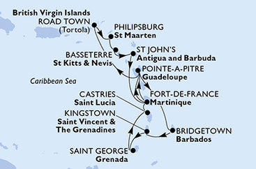 Martinik, Guadeloupe, Britské Panenské ostrovy, Svatý Martin, Svätý Krištof a Nevis, Antigua a Barbuda, Barbados, Svätý Vincent a Grenadiny, Grenada, Svätá Lucia z Fort de France, Martinik na lodi MSC Virtuosa