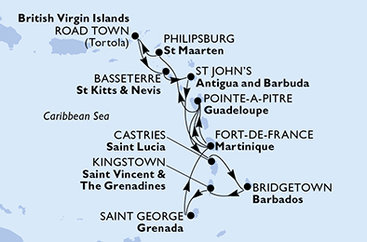 Martinik, Guadeloupe, Svatý Martin, Britské Panenské ostrovy, Svätý Krištof a Nevis, Antigua a Barbuda, Svätá Lucia, Barbados, Svätý Vincent a Grenadiny, Grenada z Fort de France, Martinik na lodi MSC Virtuosa