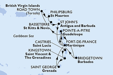 Martinik, Guadeloupe, Britské Panenské ostrovy, Svatý Martin, Svätý Krištof a Nevis, Antigua a Barbuda, Barbados, Svätá Lucia, Svätý Vincent a Grenadiny, Grenada z Fort de France, Martinik na lodi MSC Virtuosa