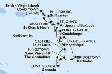 Martinik, Guadeloupe, Barbados, Svätý Vincent a Grenadiny, Grenada, Svätá Lucia, Svatý Martin, Britské Panenské ostrovy, Svätý Krištof a Nevis, Antigua a Barbuda z Fort de France, Martinik na lodi MSC Virtuosa