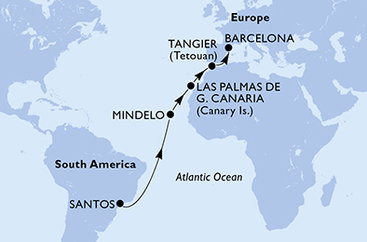 Brazília, Kapverdy, Španielsko, Maroko zo Santosu na lodi MSC Armonia