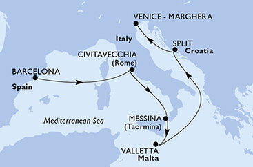 Španielsko, Taliansko, Sicília, Malta, Chorvátsko z Barcelony na lodi MSC Armonia