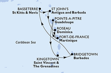 Barbados, Svätý Krištof a Nevis, Antigua a Barbuda, Dominika, Martinik, Guadeloupe, Svätý Vincent a Grenadiny z Bridgetownu na lodi MSC Virtuosa