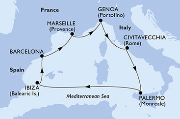 Španielsko, Francúzsko, Taliansko z Barcelony na lodi MSC Seaview